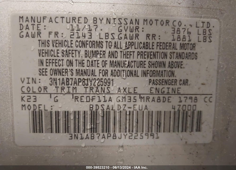 2018 NISSAN SENTRA SV VIN: 3N1AB7AP8JY225991