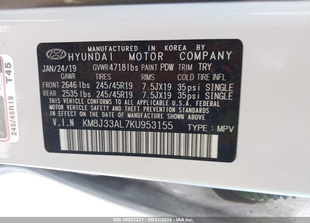 2019 HYUNDAI TUCSON NIGHT VIN: KM8J33AL7KU953155