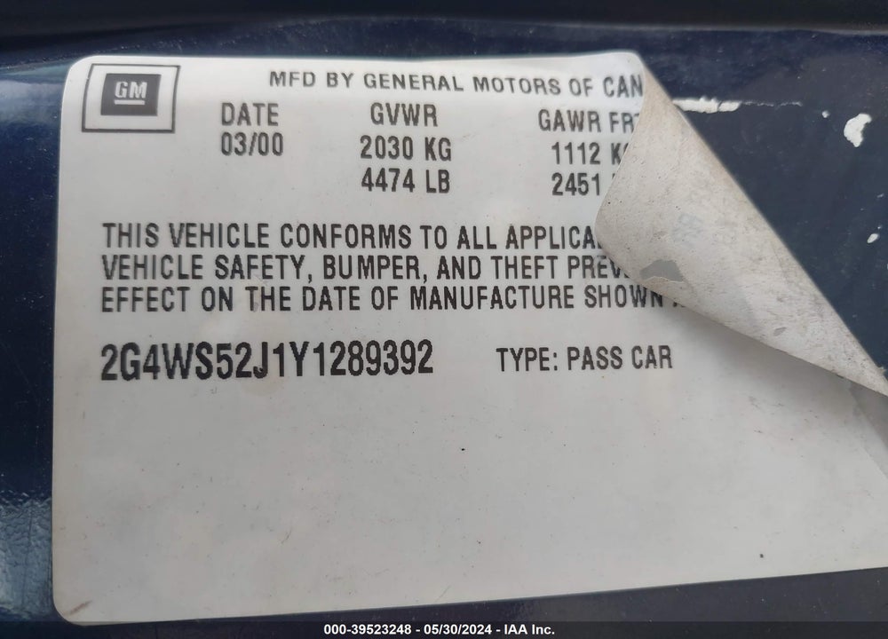 2000 BUICK CENTURY CUSTOM VIN: 2G4WS52J1Y1289392