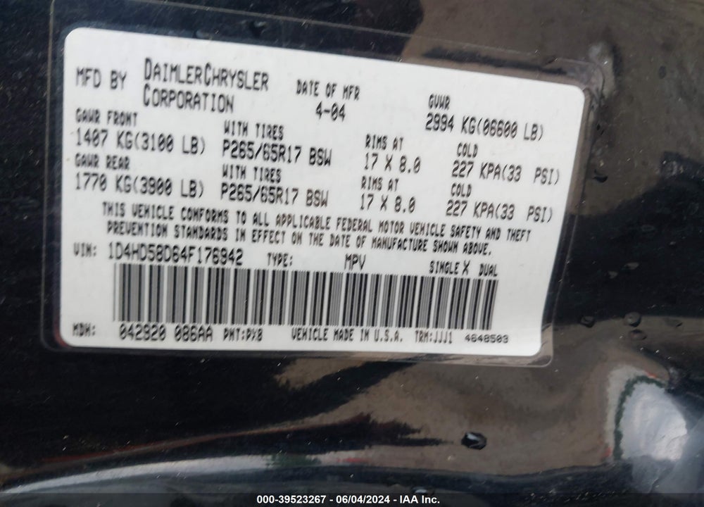 2004 DODGE DURANGO LIMITED VIN: 1D4HD58D64F176942