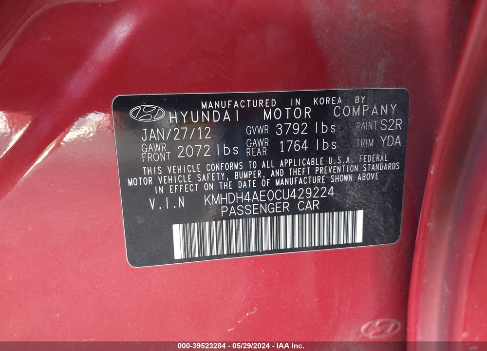 2012 HYUNDAI ELANTRA GLS (ULSAN PLANT) VIN: KMHDH4AE0CU429224