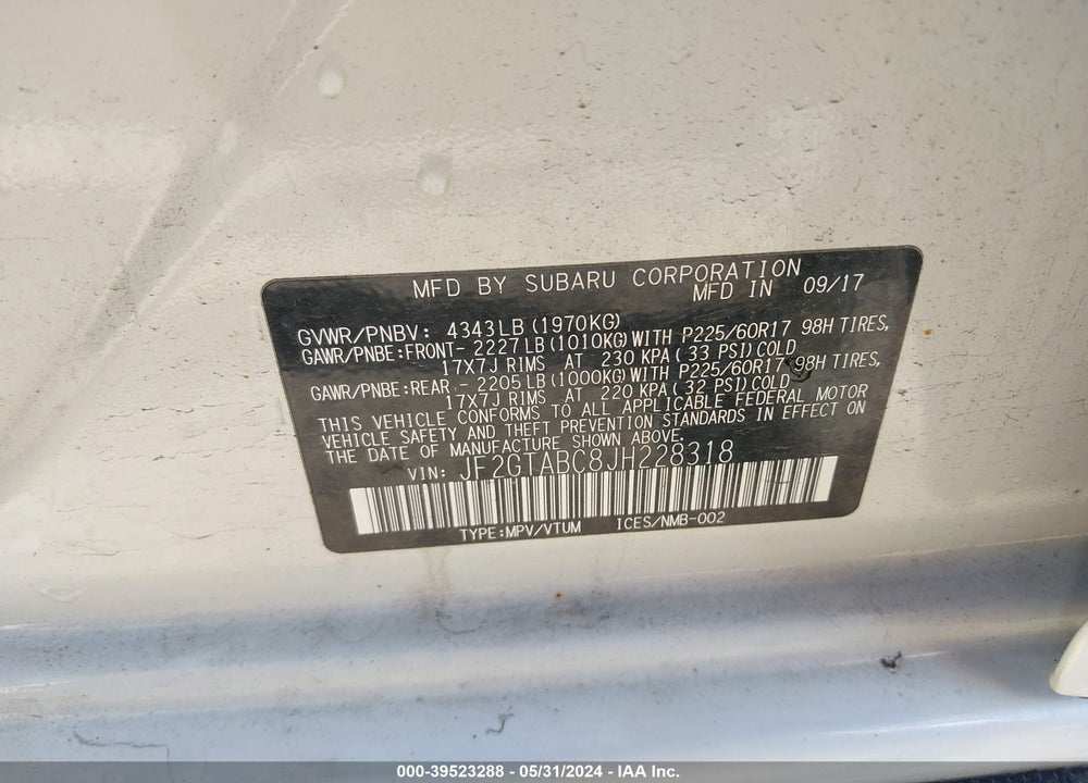 2018 SUBARU CROSSTREK 2.0I PREMIUM VIN: JF2GTABC8JH228318