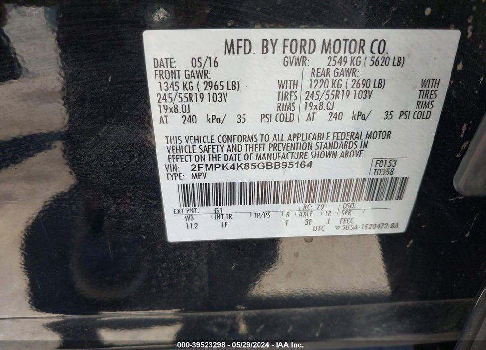 2016 FORD EDGE TITANIUM VIN: 2FMPK4K85GBB95164