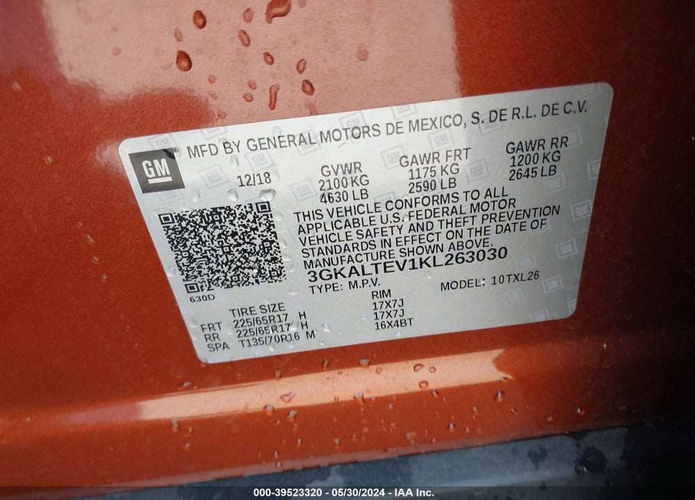 2019 GMC TERRAIN SLE VIN: 3GKALTEV1KL263030