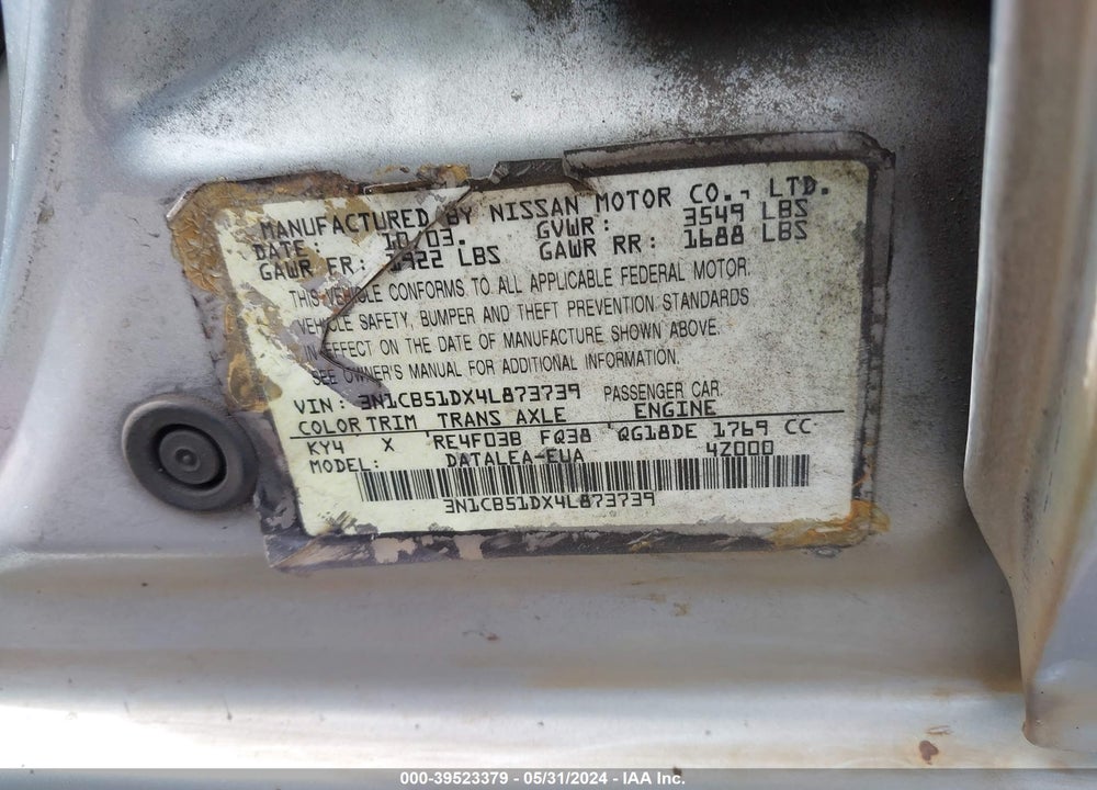 2004 NISSAN SENTRA 1.8S VIN: 3N1CB51DX4L873739