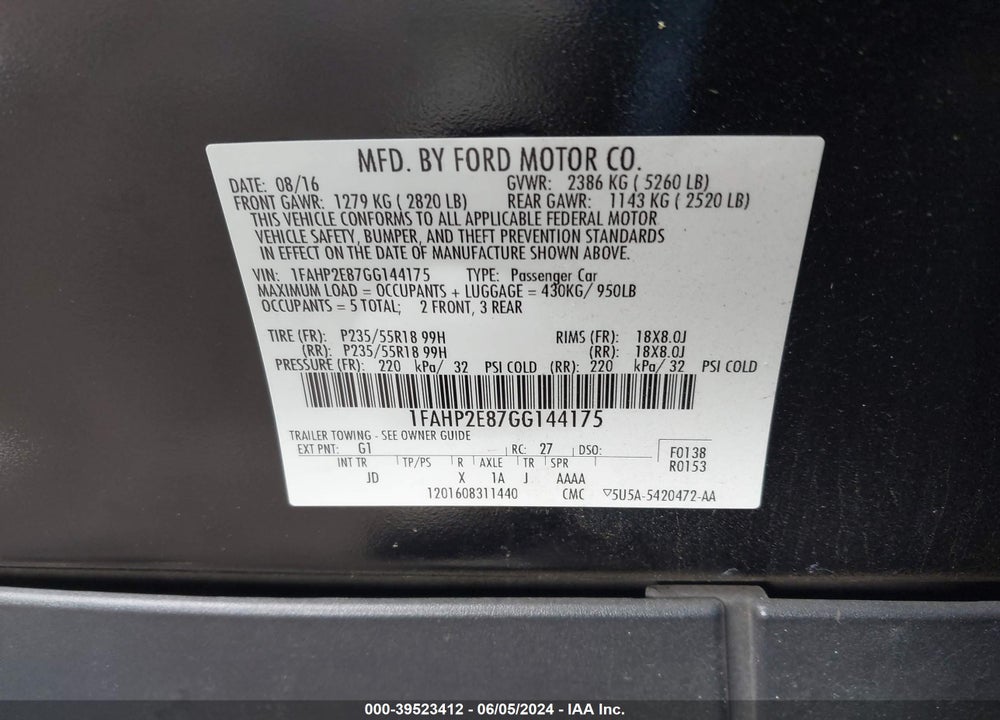 2016 FORD TAURUS SEL VIN: 1FAHP2E87GG144175