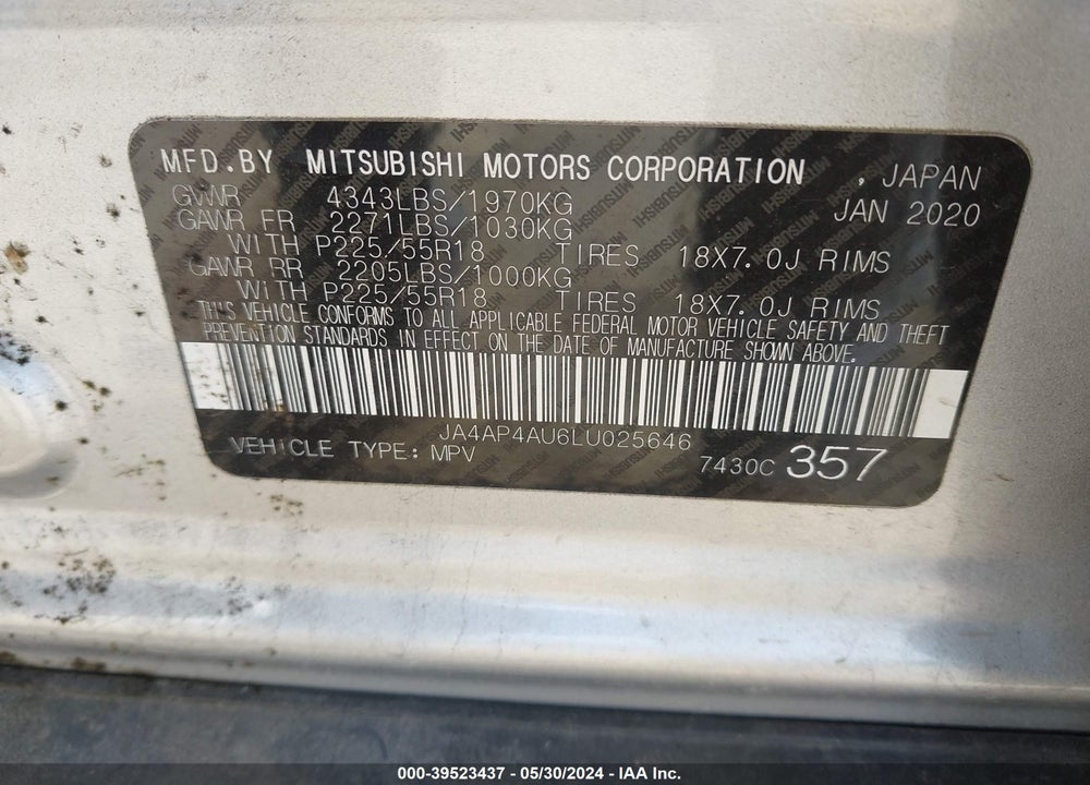 2020 MITSUBISHI OUTLANDER SE VIN: JA4AP4AU6LU025646