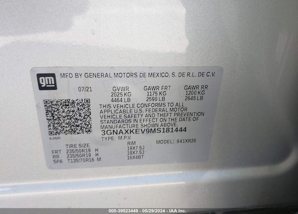 2021 CHEVROLET EQUINOX FWD LT VIN: 3GNAXKEV9MS181444