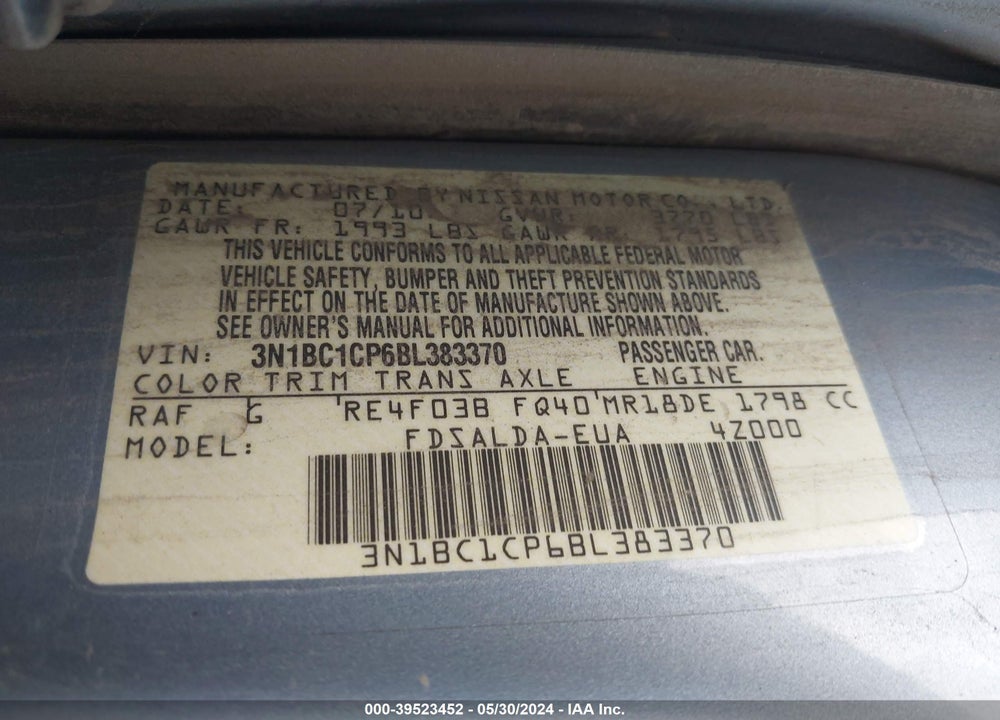 2011 NISSAN VERSA 1.8S VIN: 3N1BC1CP6BL383370