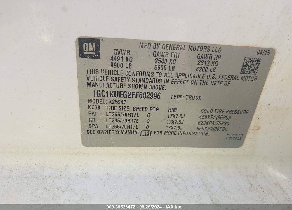 2015 CHEVROLET SILVERADO 2500HD WT VIN: 1GC1KUEG2FF602996