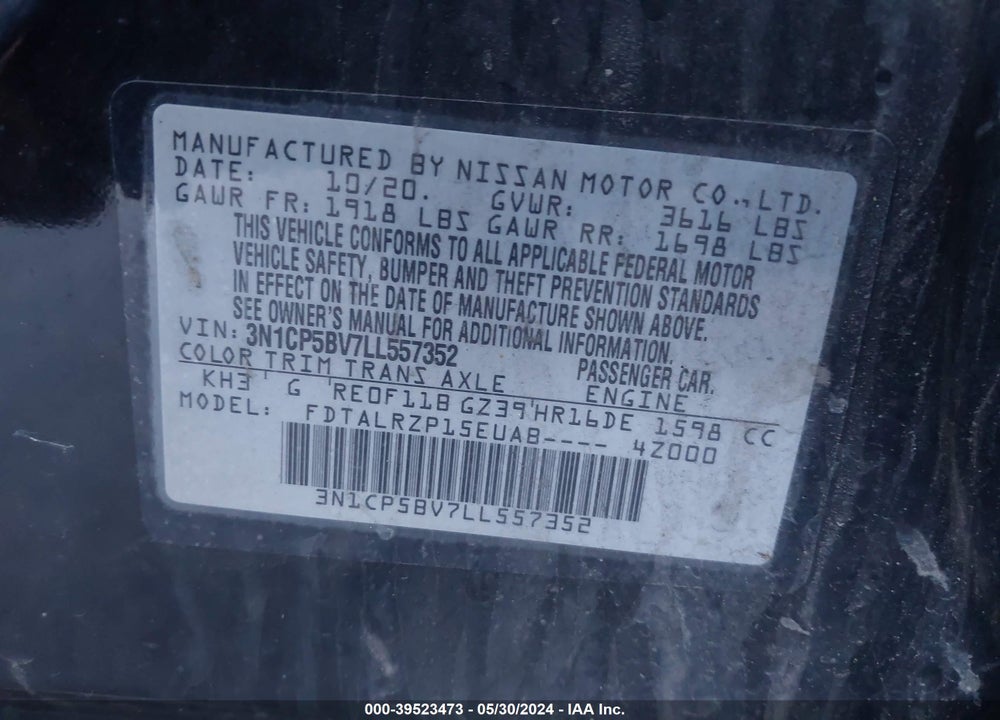 2020 NISSAN KICKS S XTRONIC CVT VIN: 3N1CP5BV7LL557352