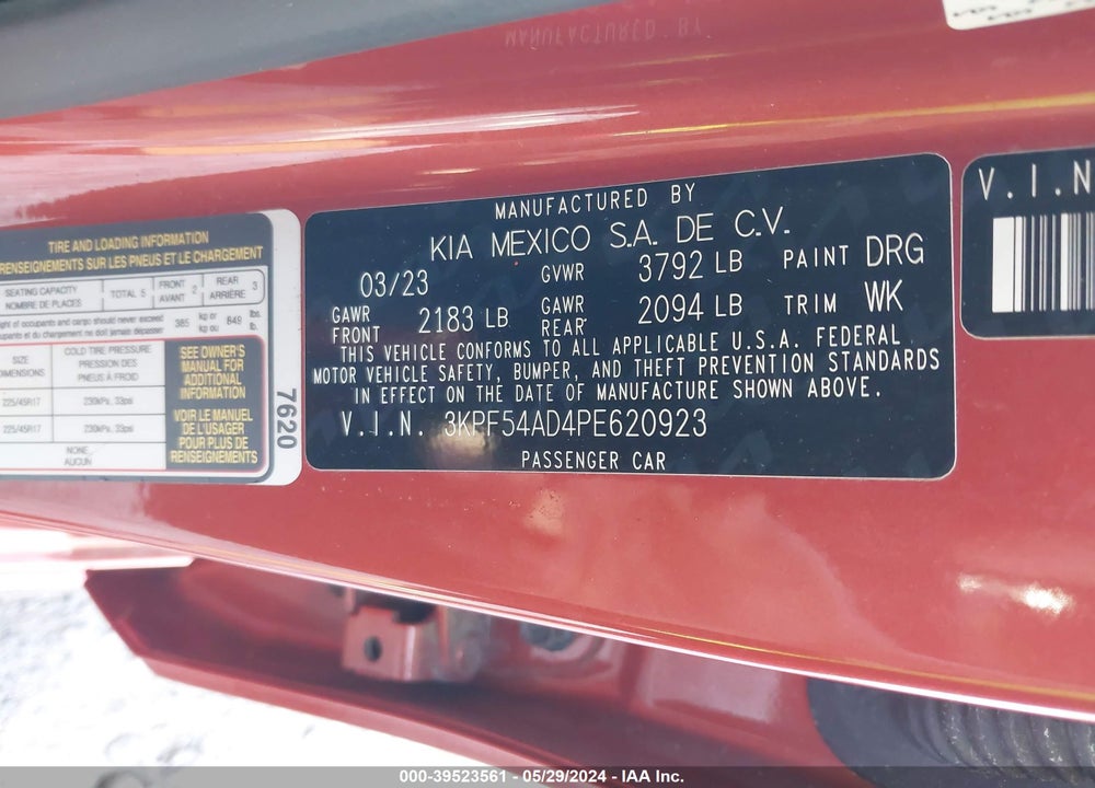 2023 KIA FORTE GT LINE VIN: 3KPF54AD4PE620923