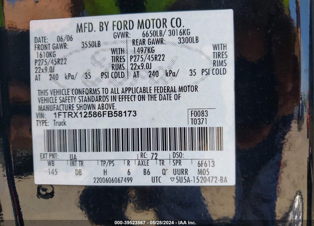 2006 FORD F-150 LARIAT/XL/XLT VIN: 1FTRX12586FB58173