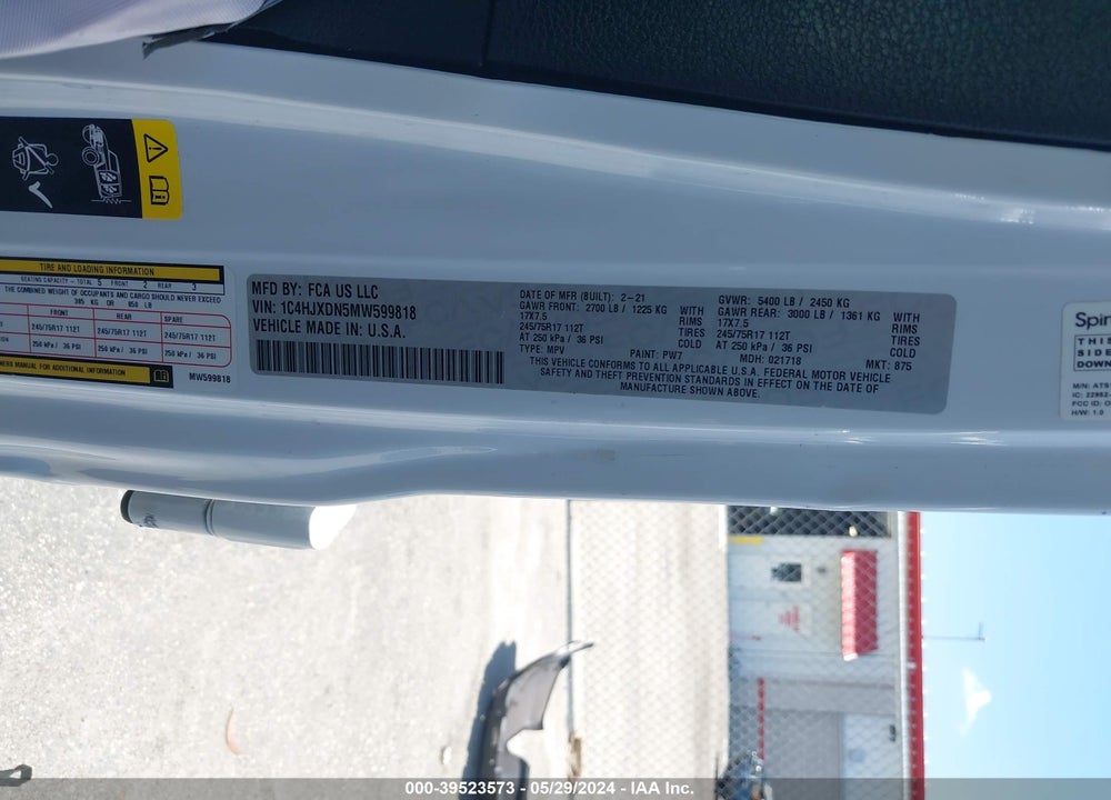 2021 JEEP WRANGLER UNLIMITED SPORT S 4X4 VIN: 1C4HJXDN5MW599818