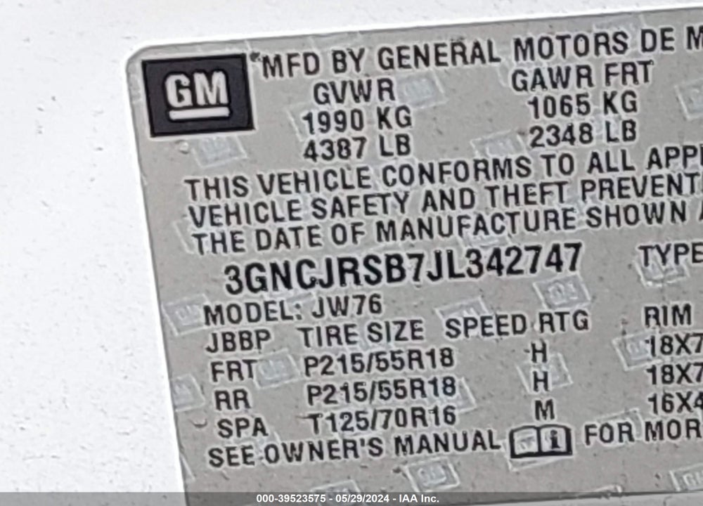 2018 CHEVROLET TRAX PREMIER VIN: 3GNCJRSB7JL342747