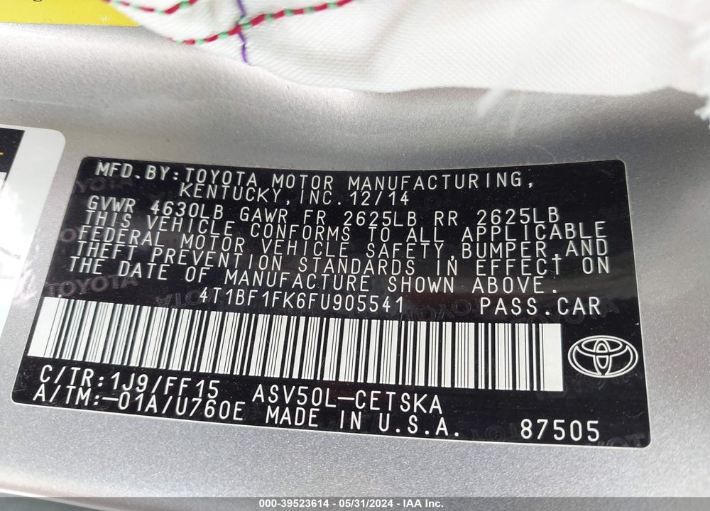 2015 TOYOTA CAMRY SE VIN: 4T1BF1FK6FU905541