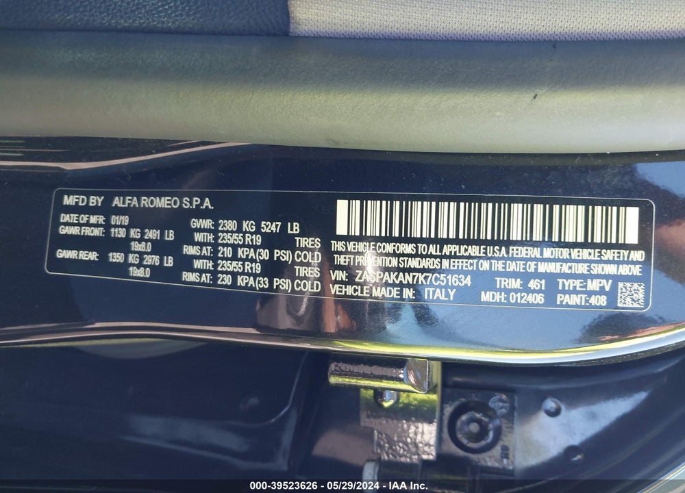 2019 ALFA ROMEO STELVIO SPORT AWD VIN: ZASPAKAN7K7C51634