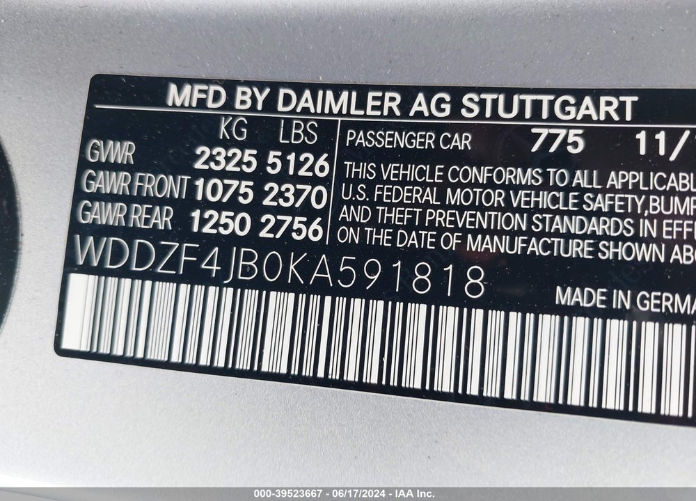 2019 MERCEDES-BENZ E 300 VIN: WDDZF4JB0KA591818