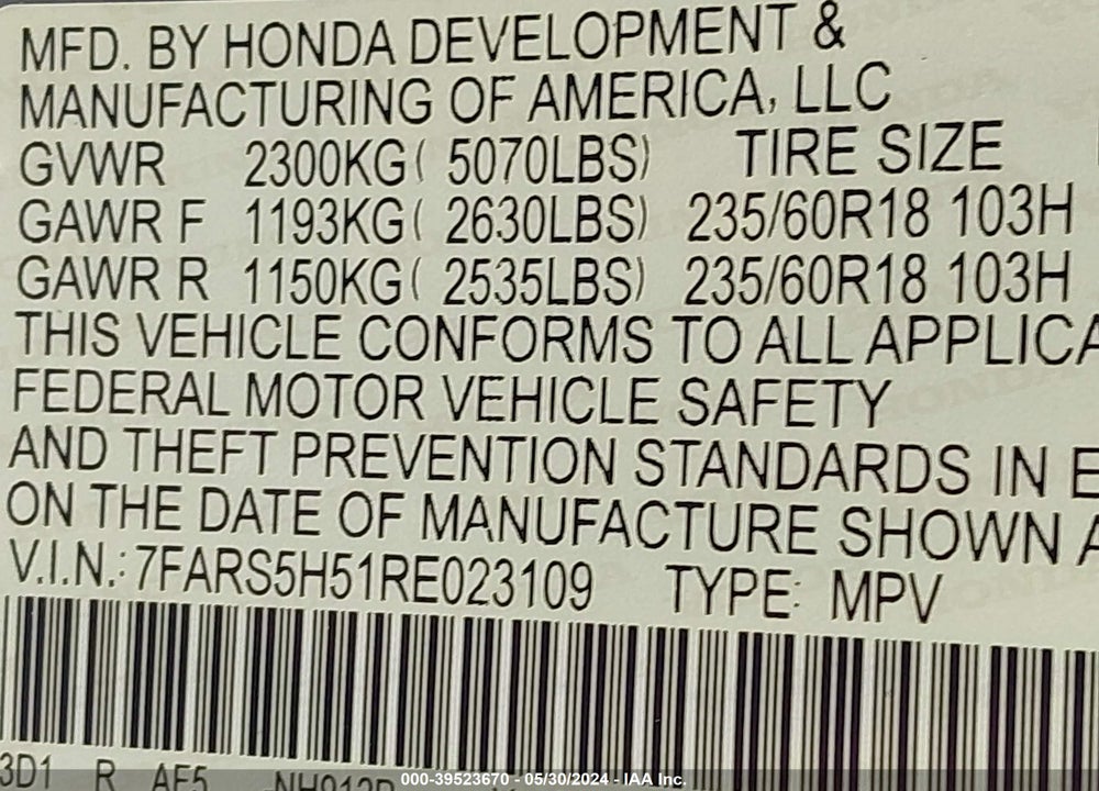 2024 HONDA CR-V HYBRID SPORT VIN: 7FARS5H51RE023109