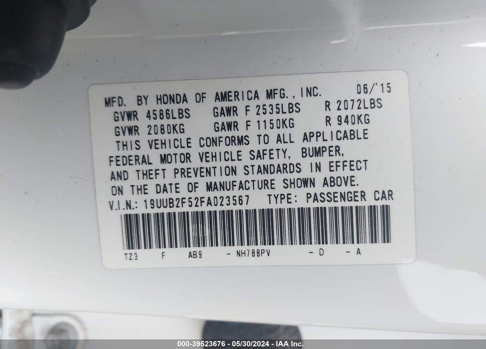 2015 ACURA TLX V6 TECH VIN: 19UUB2F52FA023567
