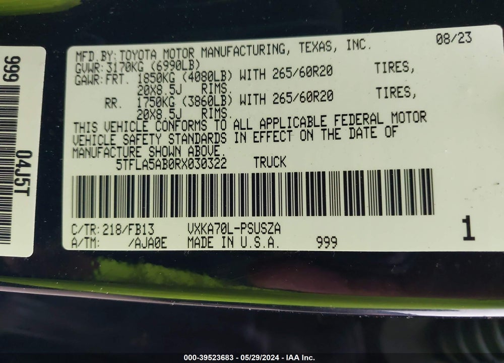 2024 TOYOTA TUNDRA SR5 VIN: 5TFLA5AB0RX030322