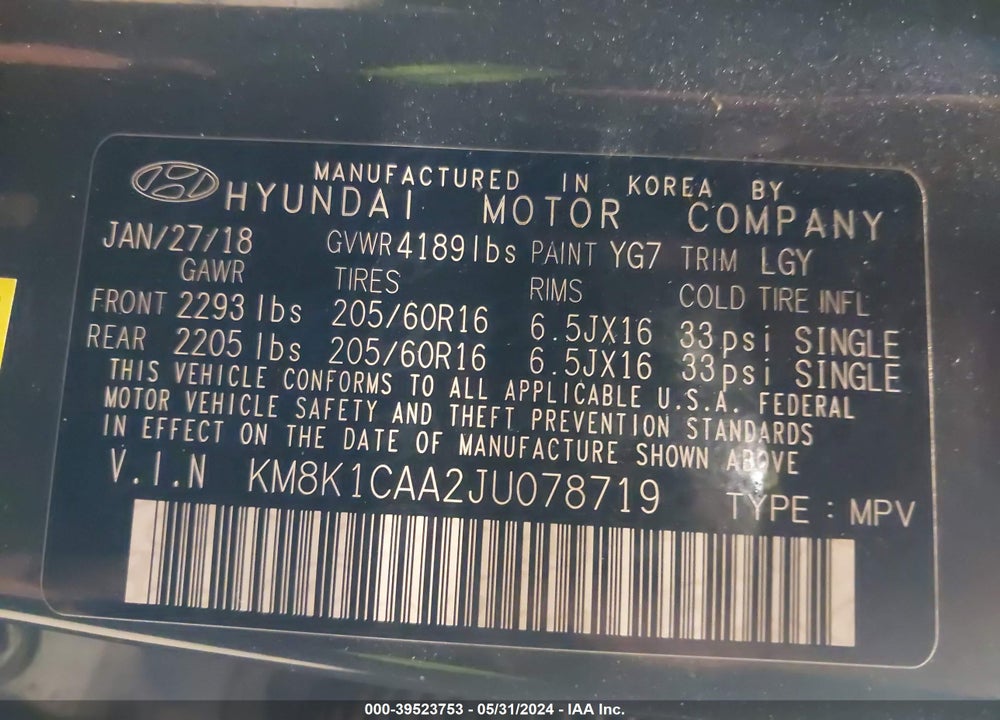2018 HYUNDAI KONA SE VIN: KM8K1CAA2JU078719