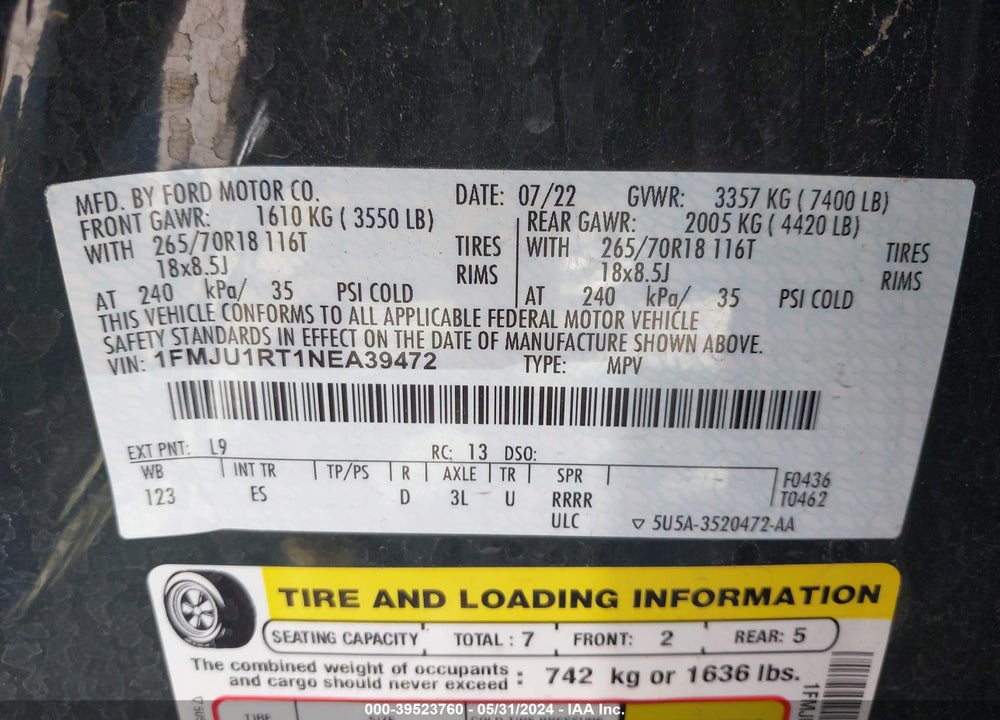 2022 FORD EXPEDITION TIMBERLINE VIN: 1FMJU1RT1NEA39472