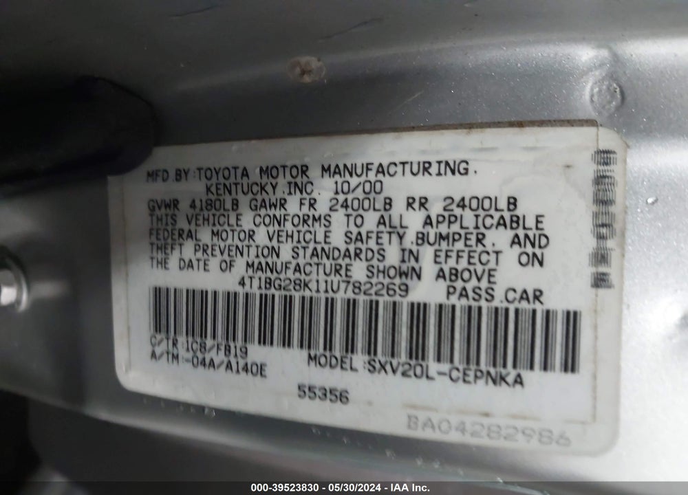 2001 TOYOTA CAMRY LE VIN: 4T1BG28K11U782269