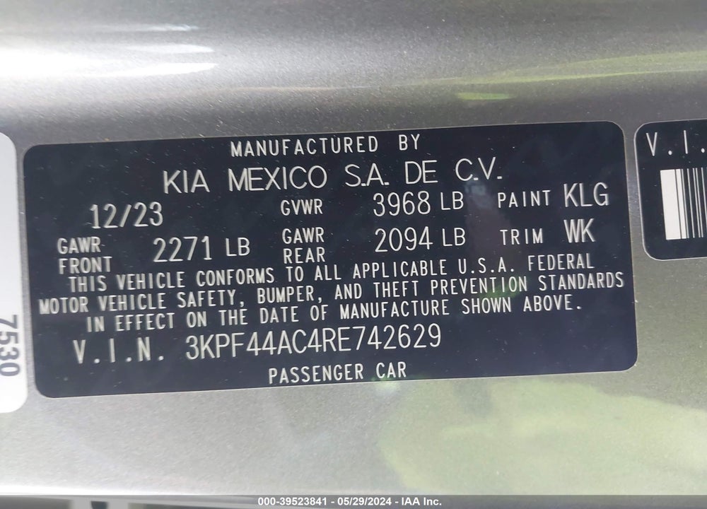 2024 KIA FORTE GT VIN: 3KPF44AC4RE742629