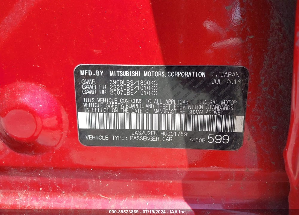 2017 MITSUBISHI LANCER ES VIN: JA32U2FU1HU001759