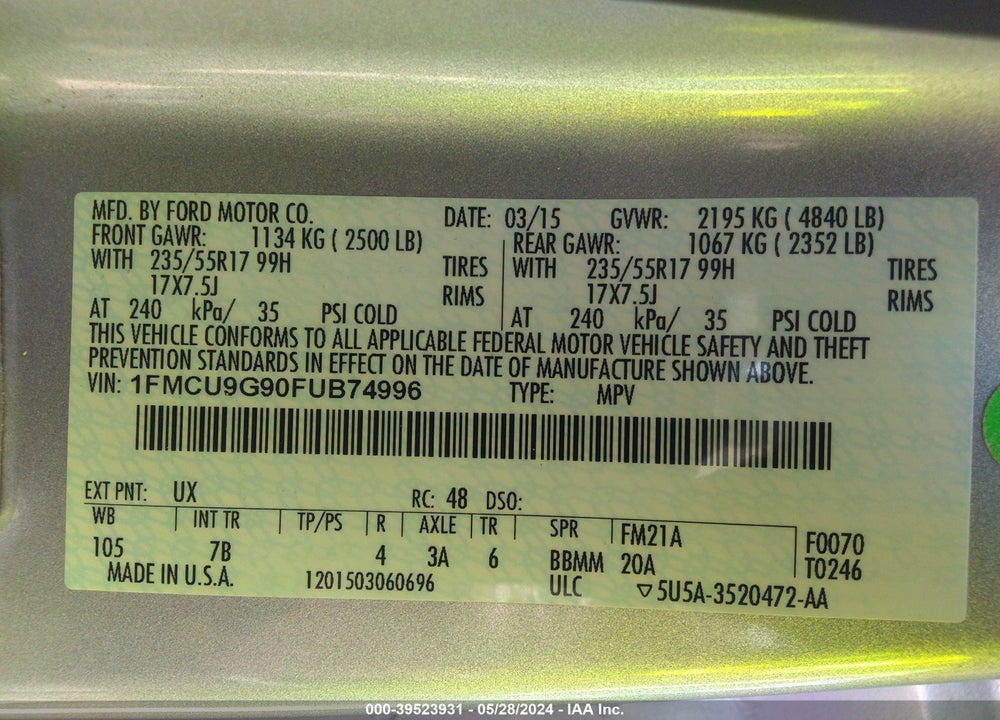 2015 FORD ESCAPE SE VIN: 1FMCU9G90FUB74996