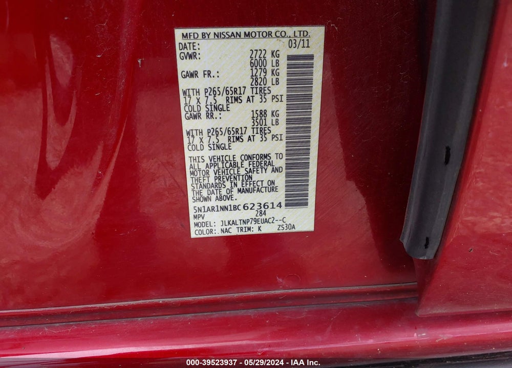 2011 NISSAN PATHFINDER SV VIN: 5N1AR1NN1BC623614