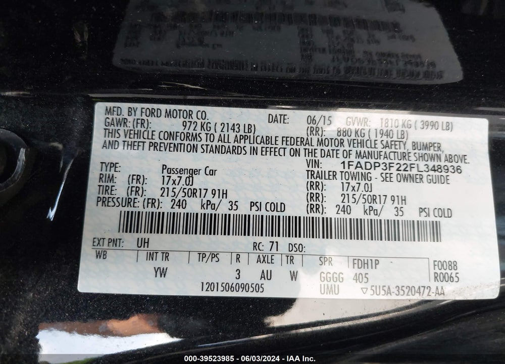 2015 FORD FOCUS SE VIN: 1FADP3F22FL348936