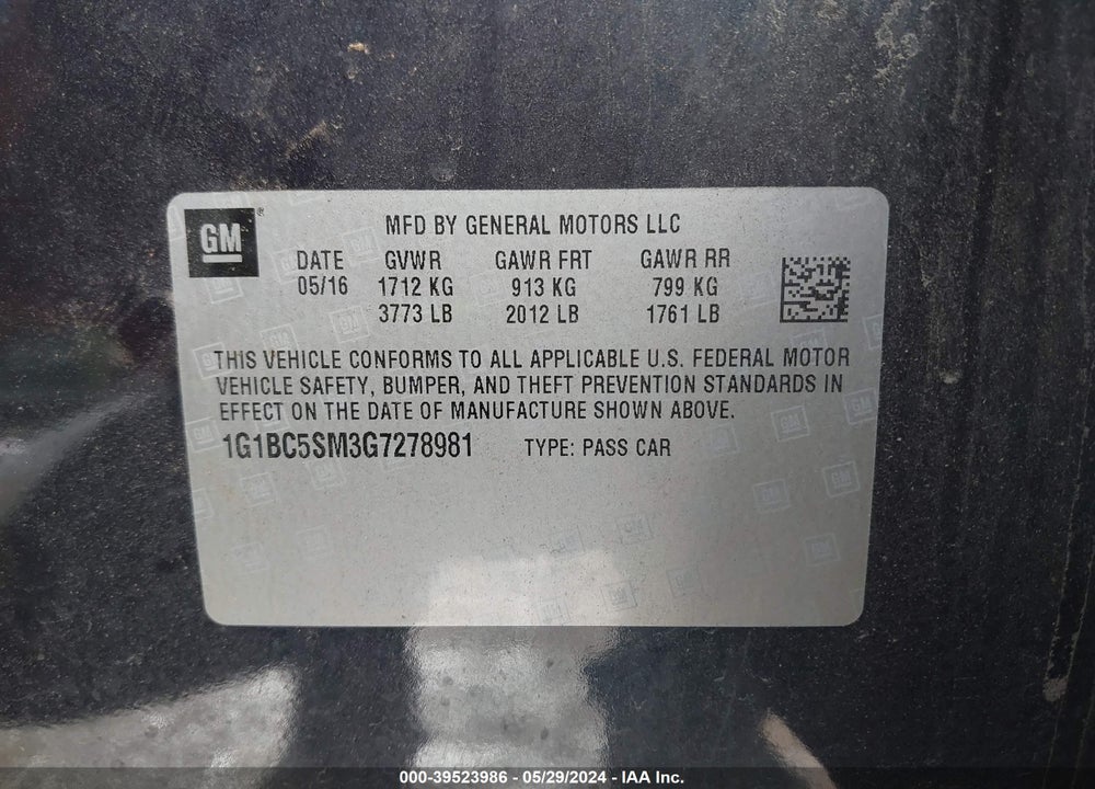 2016 CHEVROLET CRUZE LS AUTO VIN: 1G1BC5SM3G7278981
