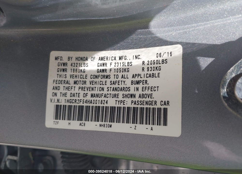 2017 HONDA ACCORD SPORT VIN: 1HGCR2F54HA001824