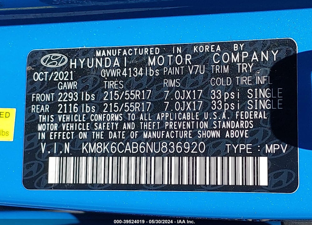 2022 HYUNDAI KONA SEL VIN: KM8K6CAB6NU836920