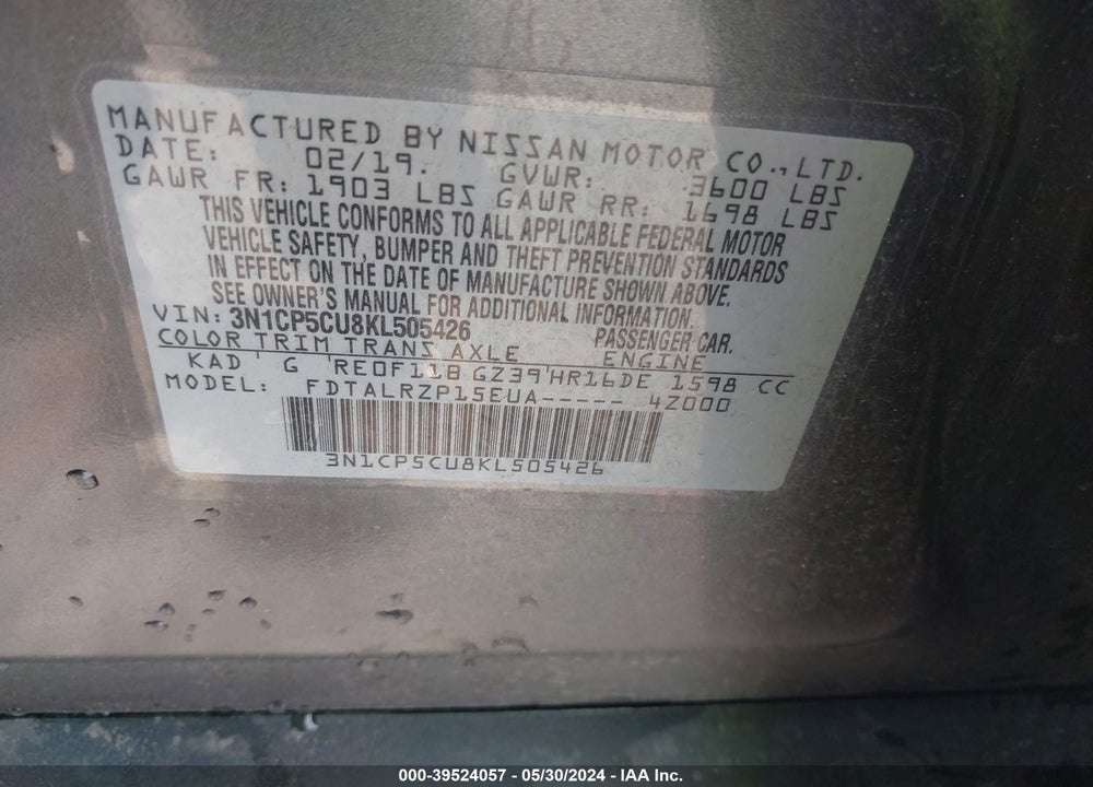 2019 NISSAN KICKS S VIN: 3N1CP5CU8KL505426
