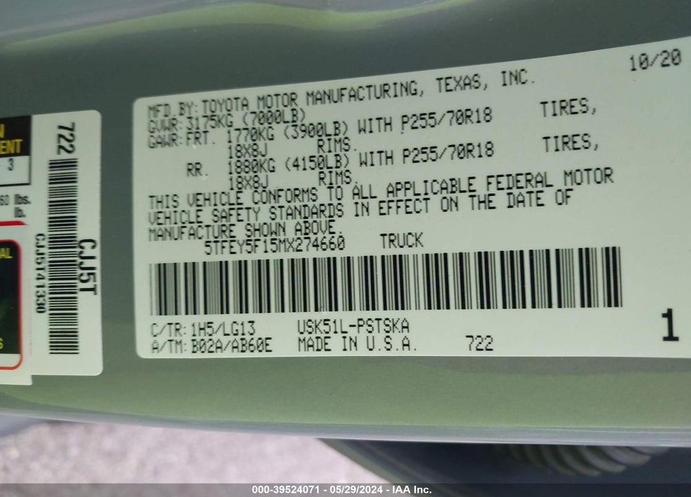2021 TOYOTA TUNDRA SR5 VIN: 5TFEY5F15MX274660