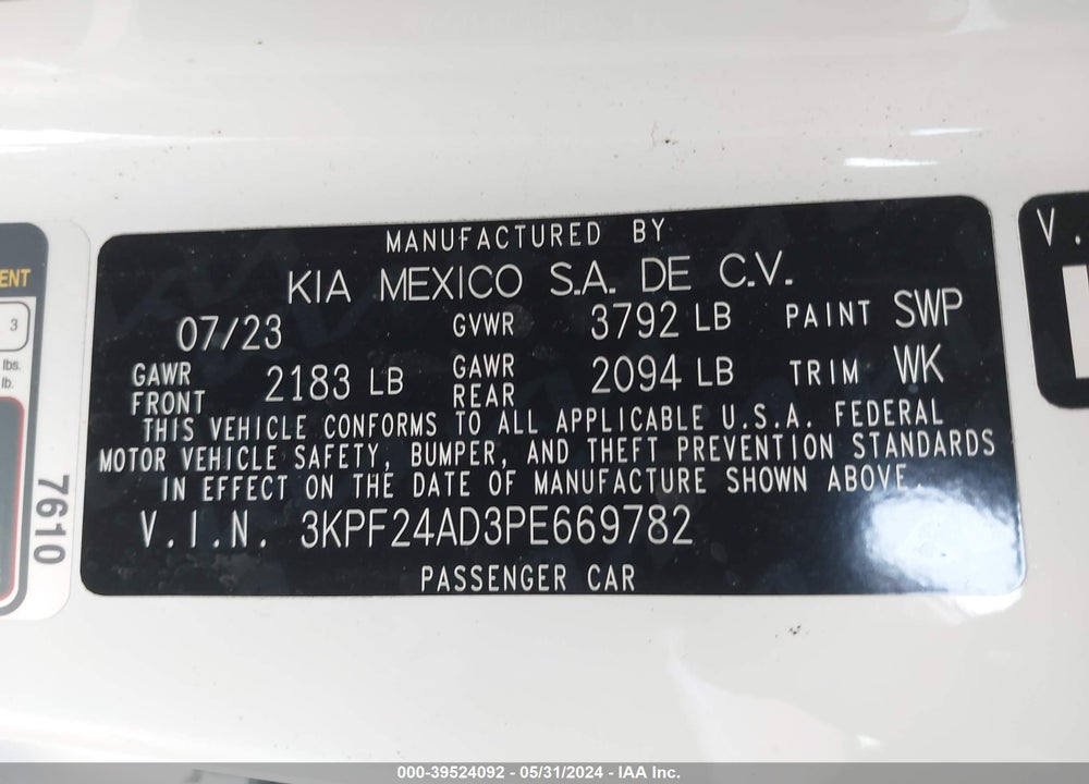2023 KIA FORTE LXS VIN: 3KPF24AD3PE669782
