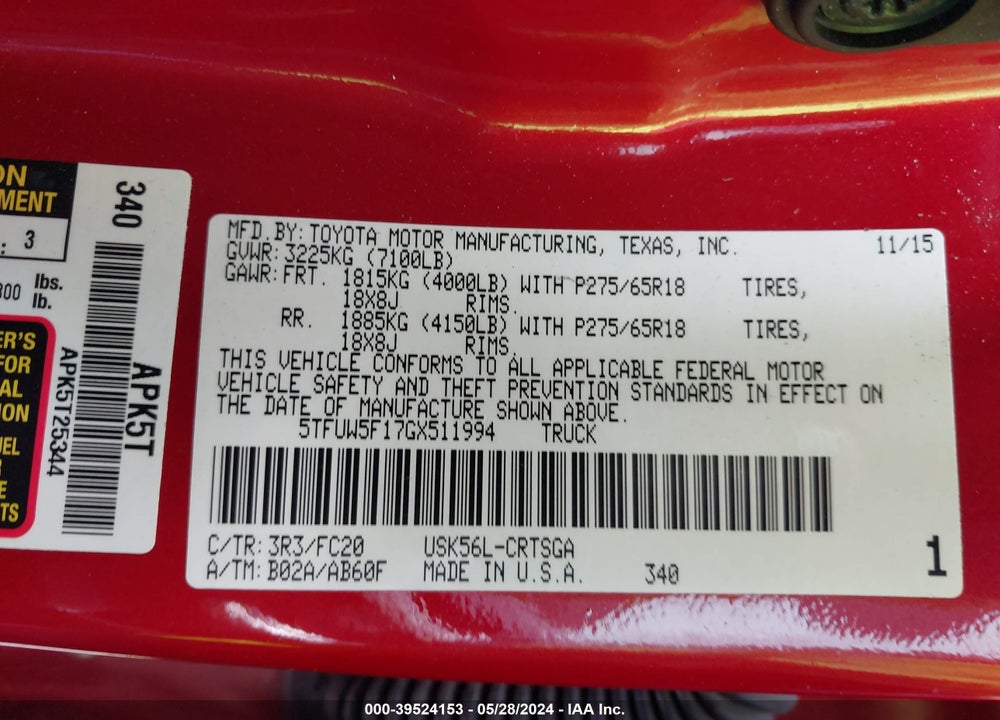 2016 TOYOTA TUNDRA SR5 5.7L V8 VIN: 5TFUW5F17GX511994