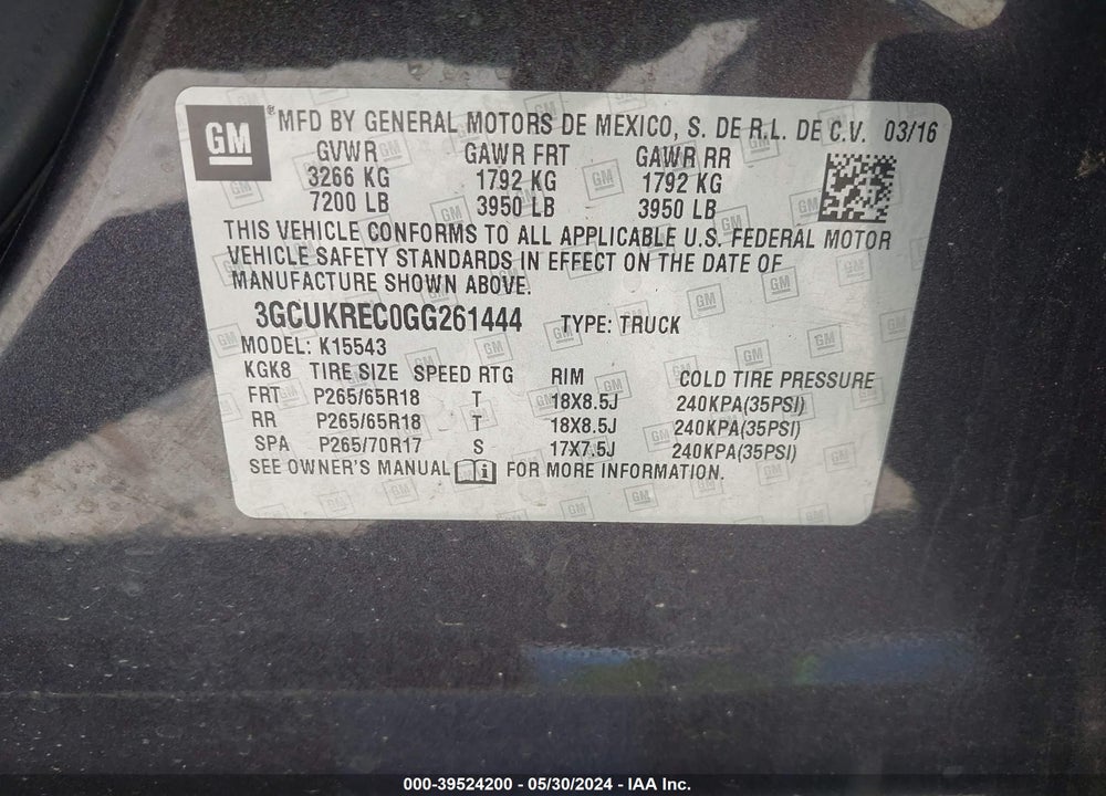 2016 CHEVROLET SILVERADO 1500 2LT VIN: 3GCUKREC0GG261444