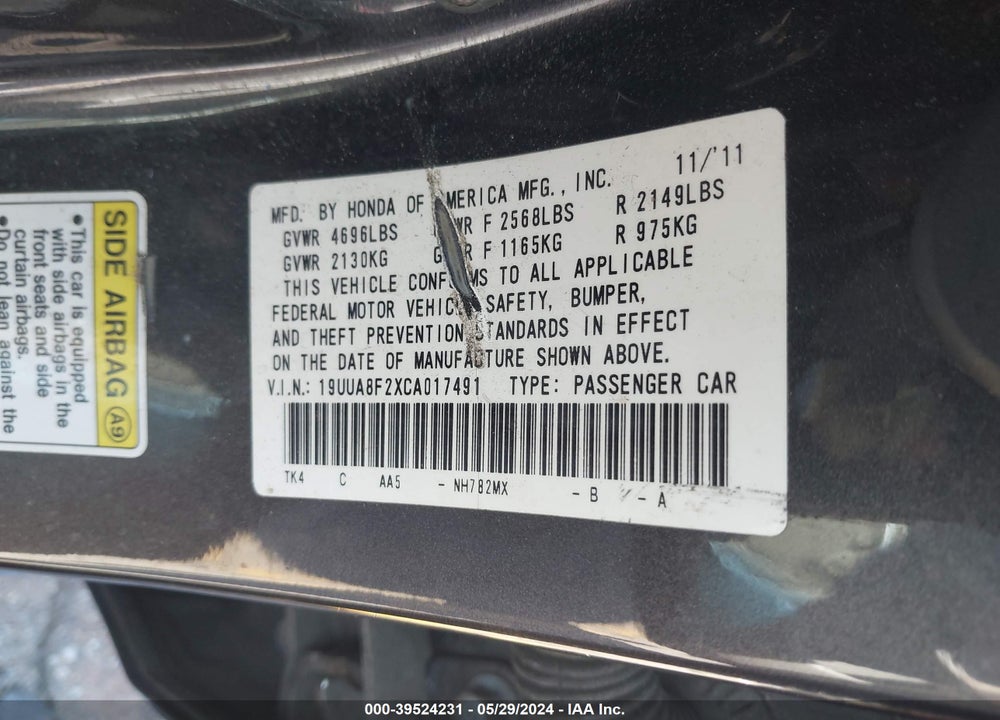2012 ACURA TL 3.5 VIN: 19UUA8F2XCA017491