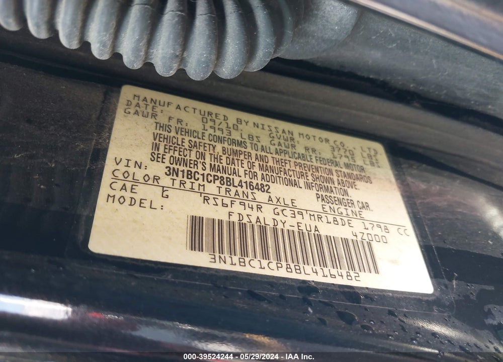 2011 NISSAN VERSA 1.8S VIN: 3N1BC1CP8BL416482