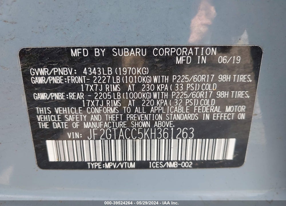 2019 SUBARU CROSSTREK 2.0I PREMIUM VIN: JF2GTACC5KH361263