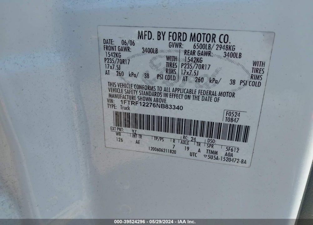 2006 FORD F-150 STX/XL/XLT VIN: 1FTRF12276NB83340