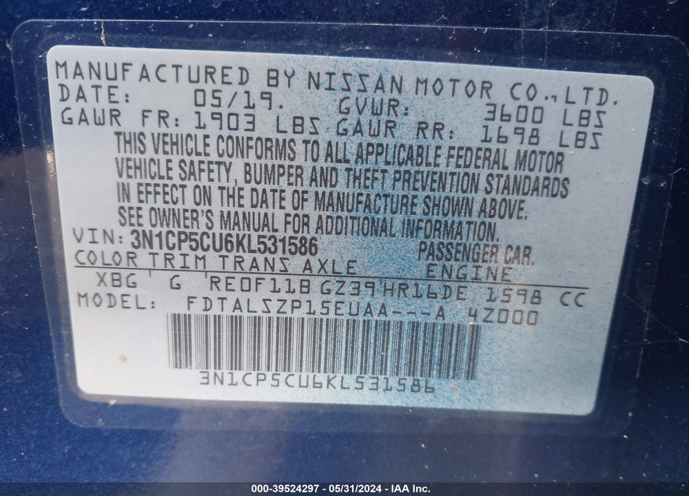 2019 NISSAN KICKS SV VIN: 3N1CP5CU6KL531586