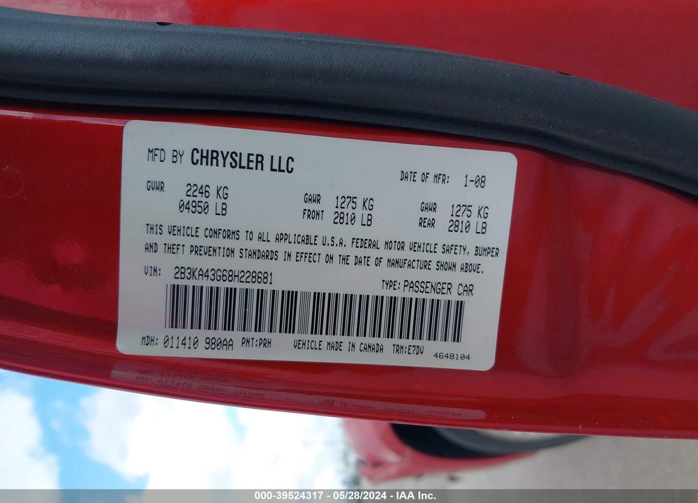2008 DODGE CHARGER VIN: 2B3KA43G68H228681