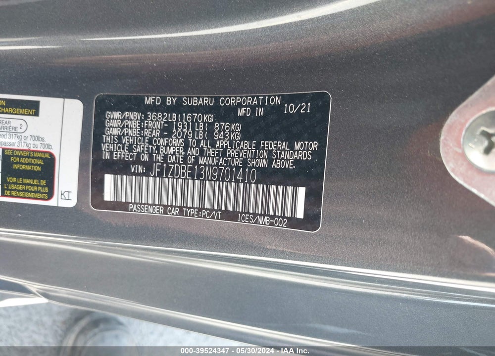 2022 SUBARU BRZ LIMITED VIN: JF1ZDBE13N9701410