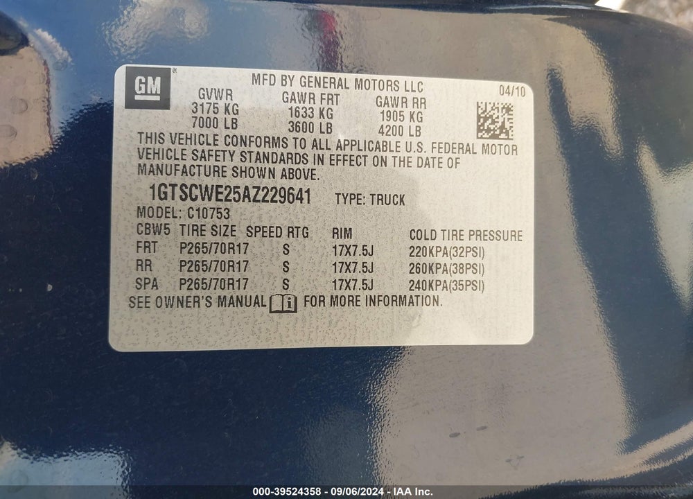 2010 GMC SIERRA 1500 SLT VIN: 1GTSCWE25AZ229641