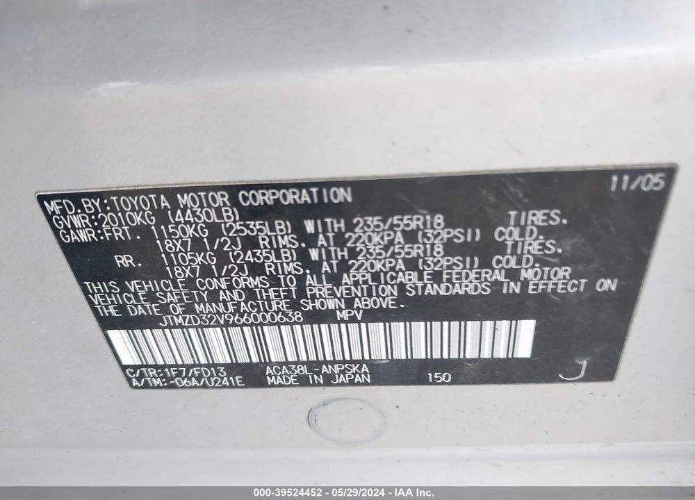 2006 TOYOTA RAV4 SPORT VIN: JTMZD32V966000638